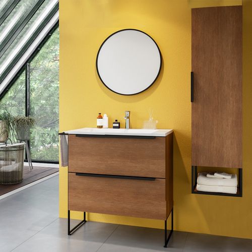 Ensemble Meuble Sous Vasque Avec Lavabo, Miroir Et Colonne De Rangement Maura Couleur Noyer