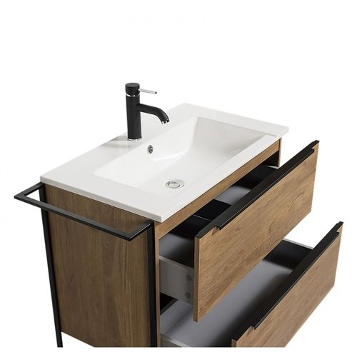 Ensemble Meuble Sous Vasque Avec Lavabo, Miroir Et Colonne De Rangement Maura Couleur Noyer