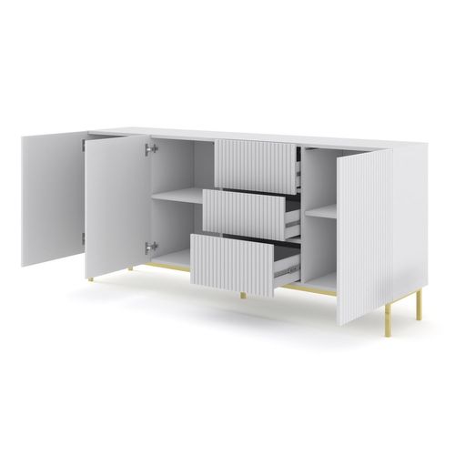 Buffet De Rangement Meuble Universel Blanc Mat 200x42x89 Ravi B Filet 2d3s Pied Cadré Or