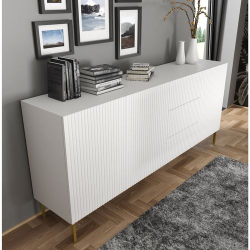 Buffet De Rangement Meuble Universel Blanc Mat 200x42x89 Ravi B Filet 2d3s Pied Cadré Or