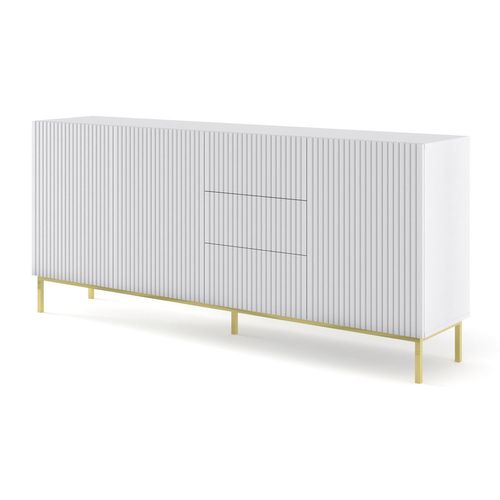Buffet De Rangement Meuble Universel Blanc Mat 200x42x89 Ravi B Filet 2d3s Pied Cadré Or