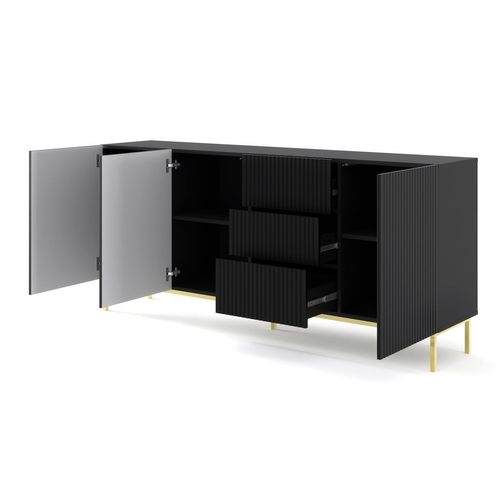 Buffet De Rangement Meuble Universel Noir Mat 200x42x89 Ravi B Filet 2d3s Pied Cadré Or