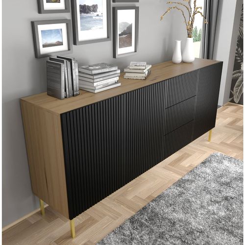Buffet De Rangement Meuble Couleur Chêne Artisan Mat 200x42x89 Ravi B Filet 2d3s Pied Cadré Or