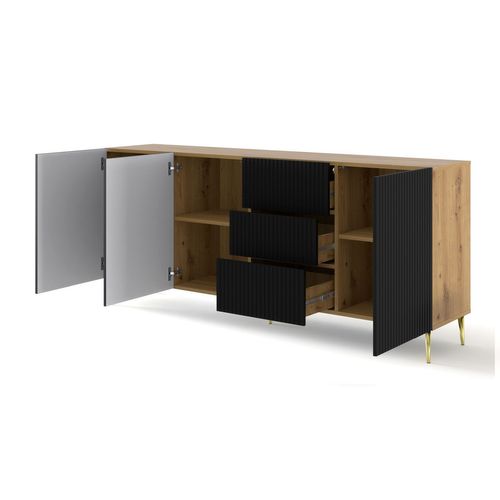 Buffet De Rangement Meuble Couleur Chêne Artisan Mat 200x42x87 Ravi B Filet 2d3s Pied Or