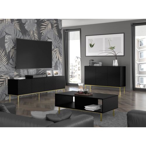 Meuble TV Meuble Hi-fi Sur Pied Noir Mat 200x42x58cm Ravi C Diamant Pied Cadré Or