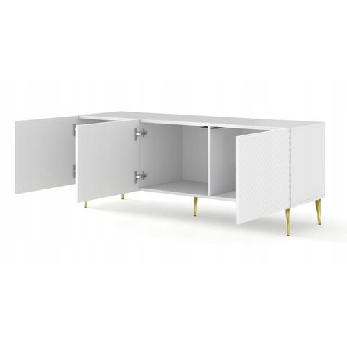 Meuble TV Meuble Hi-fi Sur Pied Blanc Mat 150x42x56cm Ravi C Diamant Pied Or