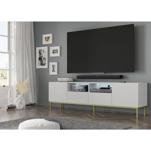Meuble TV Meuble Hi-fi Sur Pied Blanc Mat 200x42x58cm Ravi Cck Pied Cadré Or