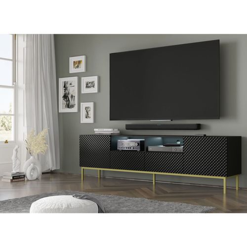 Meuble TV Meuble Hi-fi Sur Pied Noir Mat 200x42x58cm Ravi Cck Pied Cadré Or