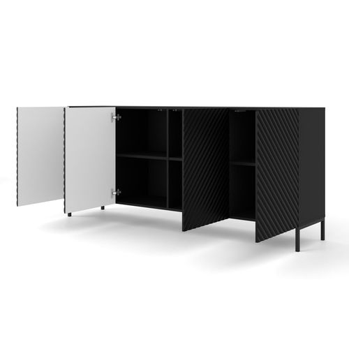Buffet Meuble Universel Noir Mat 200x87x42cm Surfa Sur Piedss Avec 4 Portes Pieds Noir