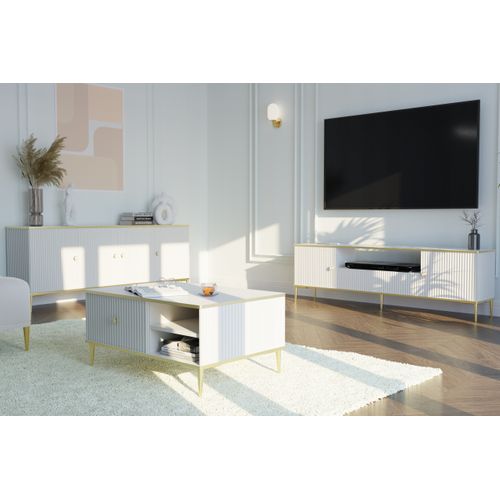 Meuble TV 180x55x35 Cm Blanc Mat Petor 2d1s Meuble Hi-fi Luxueux Sur Pieds
