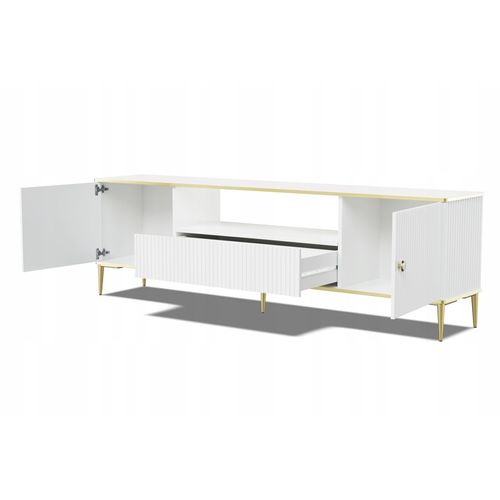 Meuble TV 180x55x35 Cm Blanc Mat Petor 2d1s Meuble Hi-fi Luxueux Sur Pieds