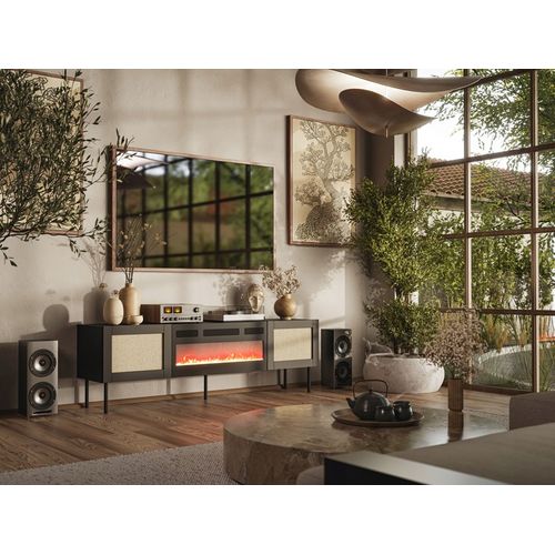 Meuble TV 180x55x40 Cm Noir Yota Avec Cheminée Intégrée Meuble Hi-fi Sur Pied