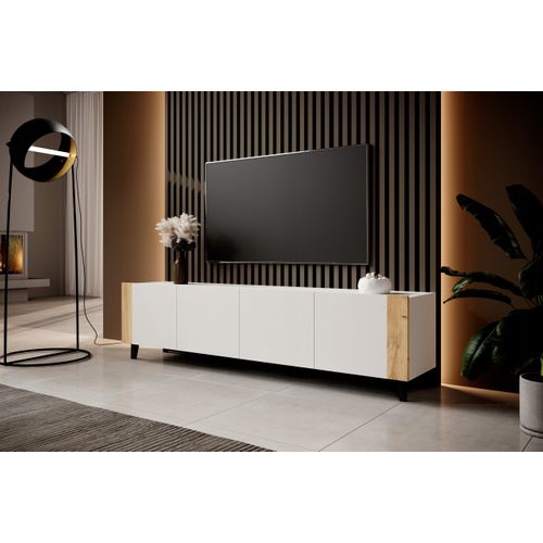 Meuble TV 200x52x42 Cm Blanc Mat Futi Meuble Hi-fi Luxueux Sur Pieds