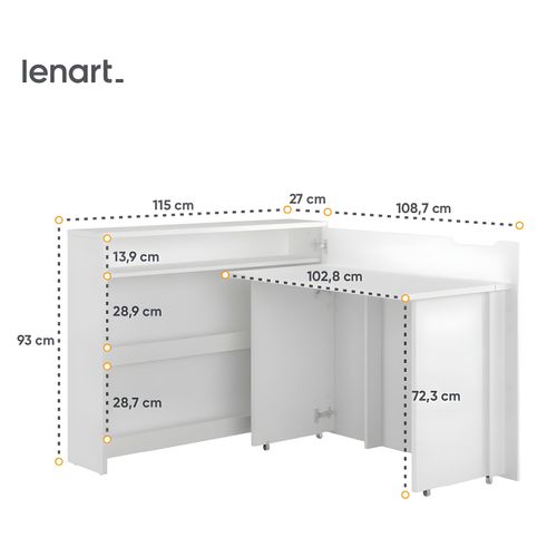 Lenart Bureau Extensible Avec Rangement 115cm Office Consus Cw01p Blanc Mat Droit