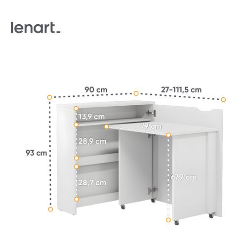 Lenart Bureau Extensible Avec Rangement 90cm Office Consus Slim Cw02p Blanc Brillant Droit