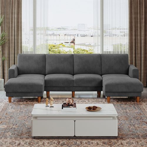 Grand Canapé 4 Places En U,tissu De Velours Côtelé Respirant Avec Accoudoir,gris Foncé