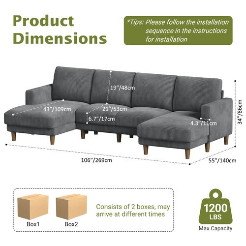 Grand Canapé 4 Places En U,tissu De Velours Côtelé Respirant Avec Accoudoir,gris Foncé