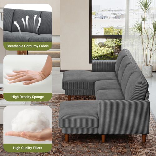 Grand Canapé 4 Places En U,tissu De Velours Côtelé Respirant Avec Accoudoir,gris Foncé