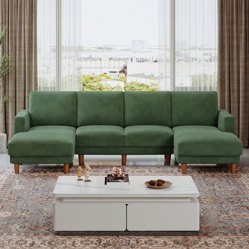 Grand Canapé 4 Places En U,tissu De Velours Côtelé Respirant Avec Accoudoir,vert