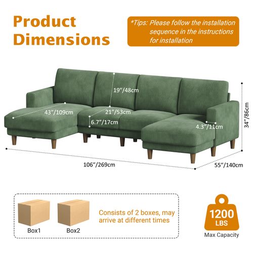 Grand Canapé 4 Places En U,tissu De Velours Côtelé Respirant Avec Accoudoir,vert
