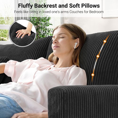 Canapé Rembourré 3 Places En Velours Côtelé De 221 Cm,2 Oreillers,noir