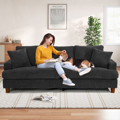 Canapé Rembourré 3 Places En Velours Côtelé De 221 Cm,2 Oreillers,noir