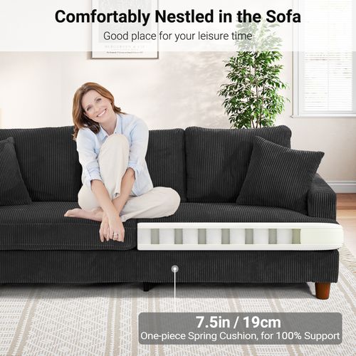 Canapé Rembourré 3 Places En Velours Côtelé De 221 Cm,2 Oreillers,noir