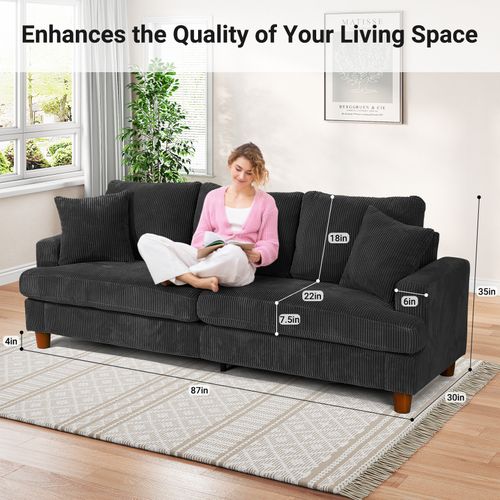 Canapé Rembourré 3 Places En Velours Côtelé De 221 Cm,2 Oreillers,noir