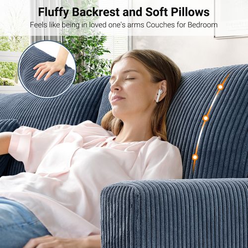 Neche Canapé Rembourré 3 Places En Velours Côtelé De 221 Cm,2 Oreillers,bleu