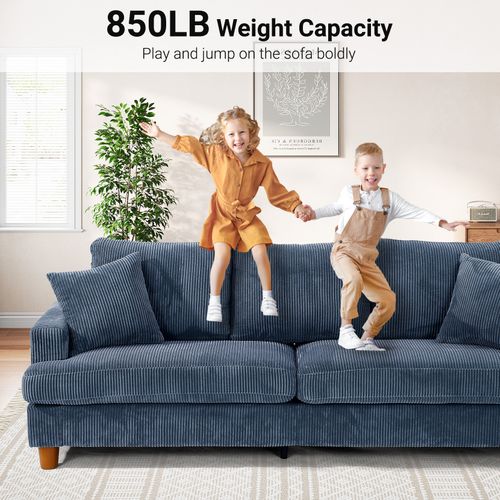 Neche Canapé Rembourré 3 Places En Velours Côtelé De 221 Cm,2 Oreillers,bleu