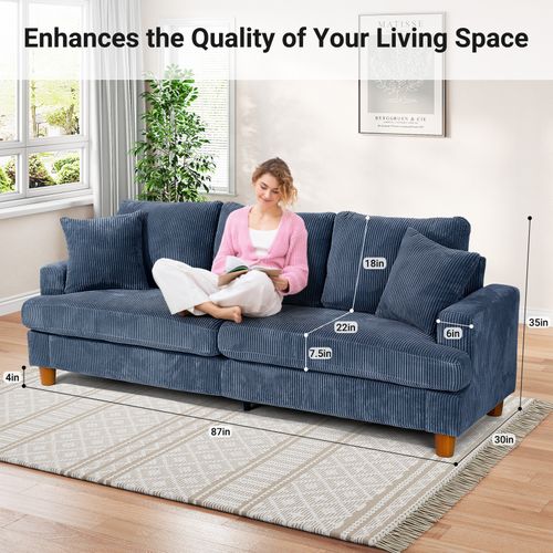 Neche Canapé Rembourré 3 Places En Velours Côtelé De 221 Cm,2 Oreillers,bleu