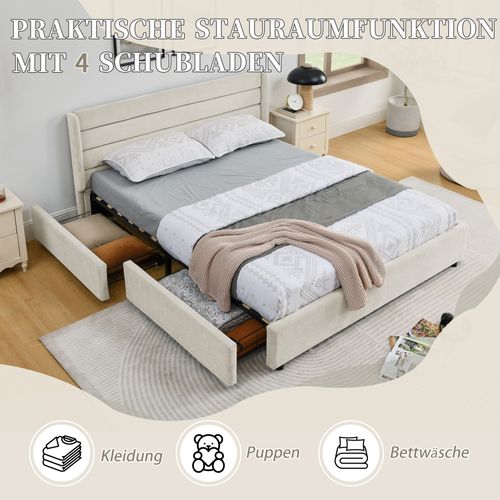 Lit Rembourré 160x200cm 4 Tiroirs Rangement Lit Junior Sommier à Lattes Tête De Lit Moderne Beige