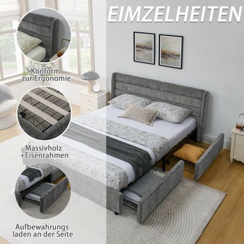 Lit Rembourré 160x200cm 4 Tiroirs Rangement Lit Junior Sommier à Lattes Tête De Lit Moderne Gris