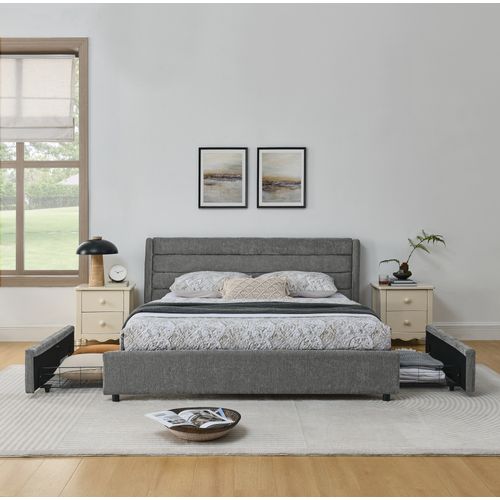 Lit Rembourré 160x200cm 4 Tiroirs Rangement Lit Junior Sommier à Lattes Tête De Lit Moderne Gris