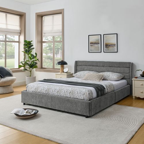 Lit Rembourré 160x200cm 4 Tiroirs Rangement Lit Junior Sommier à Lattes Tête De Lit Moderne Gris