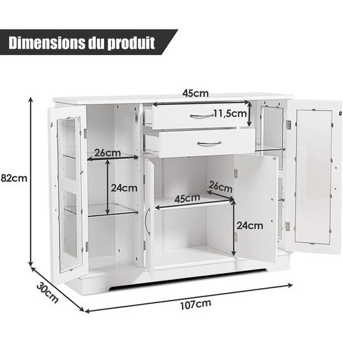 Buffet De Cuisine, Meuble De Rangement 107 X 30 X 82 Cm Blanc