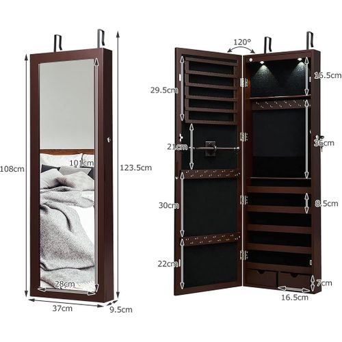 Armoire à Bijoux Mural 2 LED, Meuble De Rangement Avec Crochets Réglables, 108 X 37 X 9,5 Cm Brun