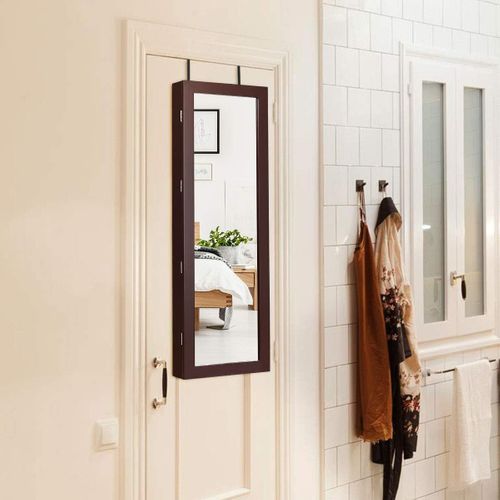 Armoire à Bijoux Mural 2 LED, Meuble De Rangement Avec Crochets Réglables, 108 X 37 X 9,5 Cm Brun