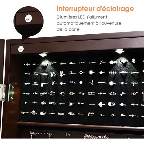 Armoire à Bijoux Mural 2 LED, Meuble De Rangement Avec Crochets Réglables, 108 X 37 X 9,5 Cm Brun
