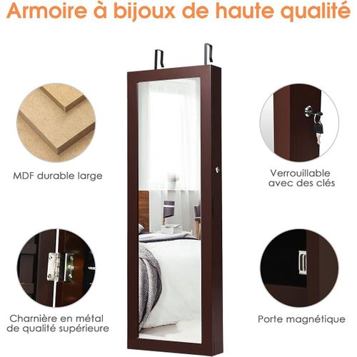 Armoire à Bijoux Mural 2 LED, Meuble De Rangement Avec Crochets Réglables, 108 X 37 X 9,5 Cm Brun