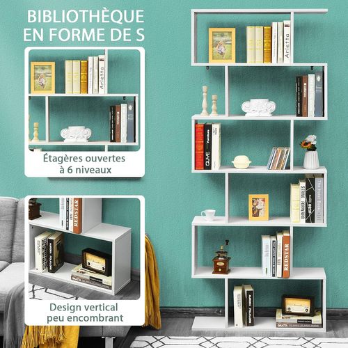 Bibliothèque/étagère De Rangement à 6 Niveaux-80x23x191 Cm De Style Industriel En Forme De S, Blanc