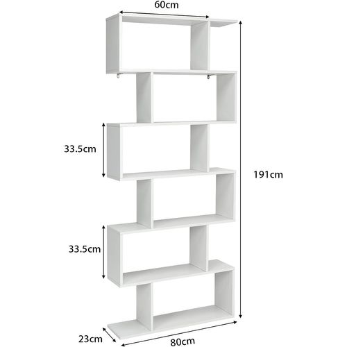 Bibliothèque/étagère De Rangement à 6 Niveaux-80x23x191 Cm De Style Industriel En Forme De S, Blanc