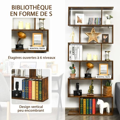 Bibliothèque/étagère De Rangement à 6 Niveaux-80x23x191 Cm De Style Industriel En Forme De S, Café