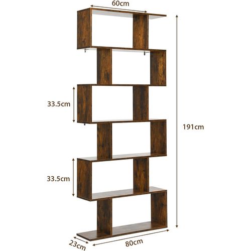 Bibliothèque/étagère De Rangement à 6 Niveaux-80x23x191 Cm De Style Industriel En Forme De S, Café