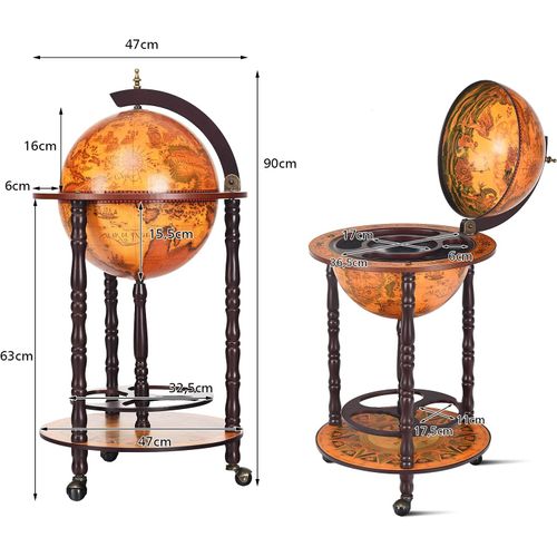 Bar Globe Terrestre Vintage Mappemonde En Bois D'eucalyptus Avec 3 Roulettes, 47 X 47 X 90cm