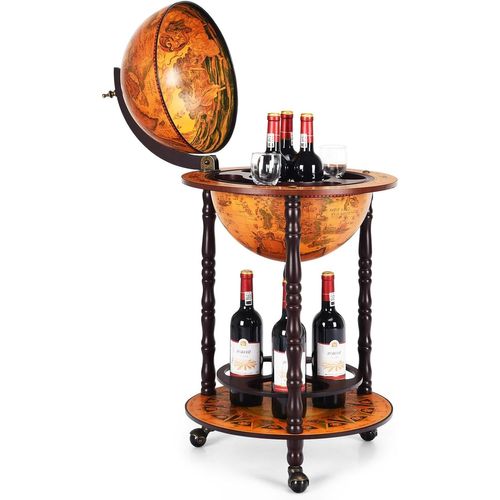 Bar Globe Terrestre Vintage Mappemonde En Bois D'eucalyptus Avec 3 Roulettes, 47 X 47 X 90cm