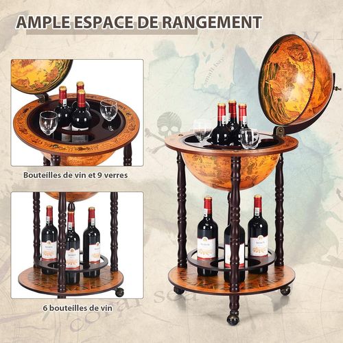 Bar Globe Terrestre Vintage Mappemonde En Bois D'eucalyptus Avec 3 Roulettes, 47 X 47 X 90cm