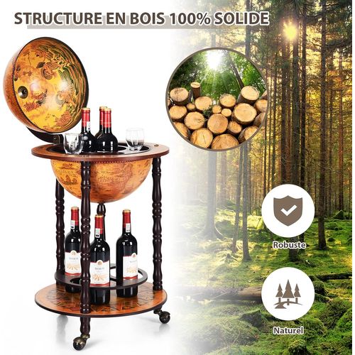 Bar Globe Terrestre Vintage Mappemonde En Bois D'eucalyptus Avec 3 Roulettes, 47 X 47 X 90cm