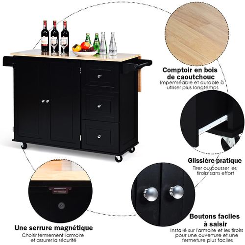 Desserte Sur Roulettes Service De Cuisine De Roulant Avec Plans De Travail Rabattable En Bois Noir