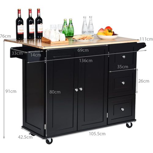 Desserte Sur Roulettes Service De Cuisine De Roulant Avec Plans De Travail Rabattable En Bois Noir